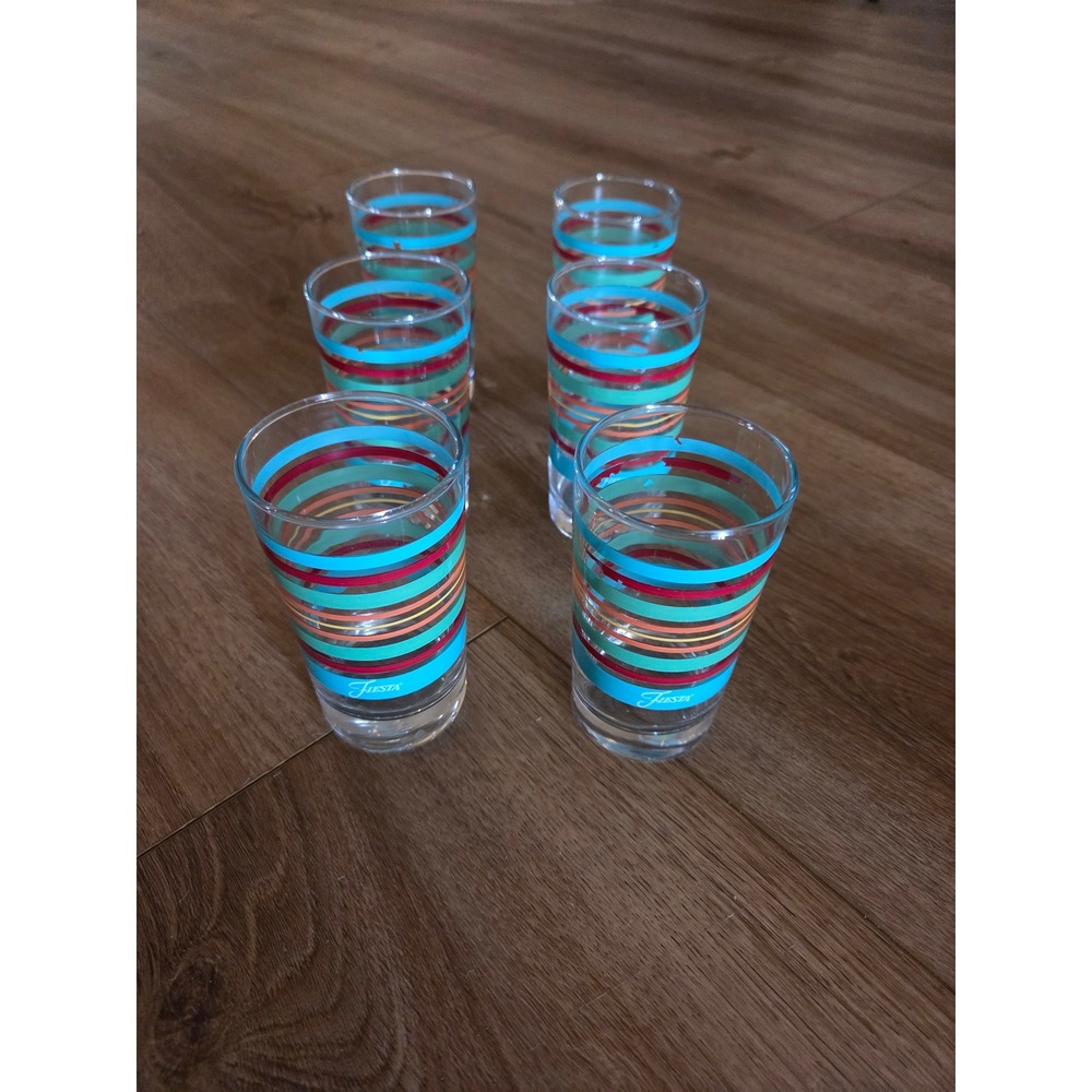 Fiesta Vintage Multi Color Striped Juice Glasses Set of 6 MCM Retro Glassware